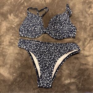 Navy Blue & White Floral Bikini Set